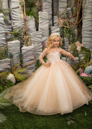 Cappuccino And Ivory Lace Tulle Floor Length Flower Girl Dress